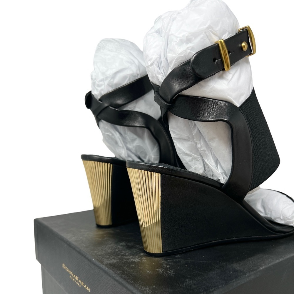 Donna Karan New York Black Leather Wedge Sandals NIB Gold Accent Size 8 - Picture 5 of 10